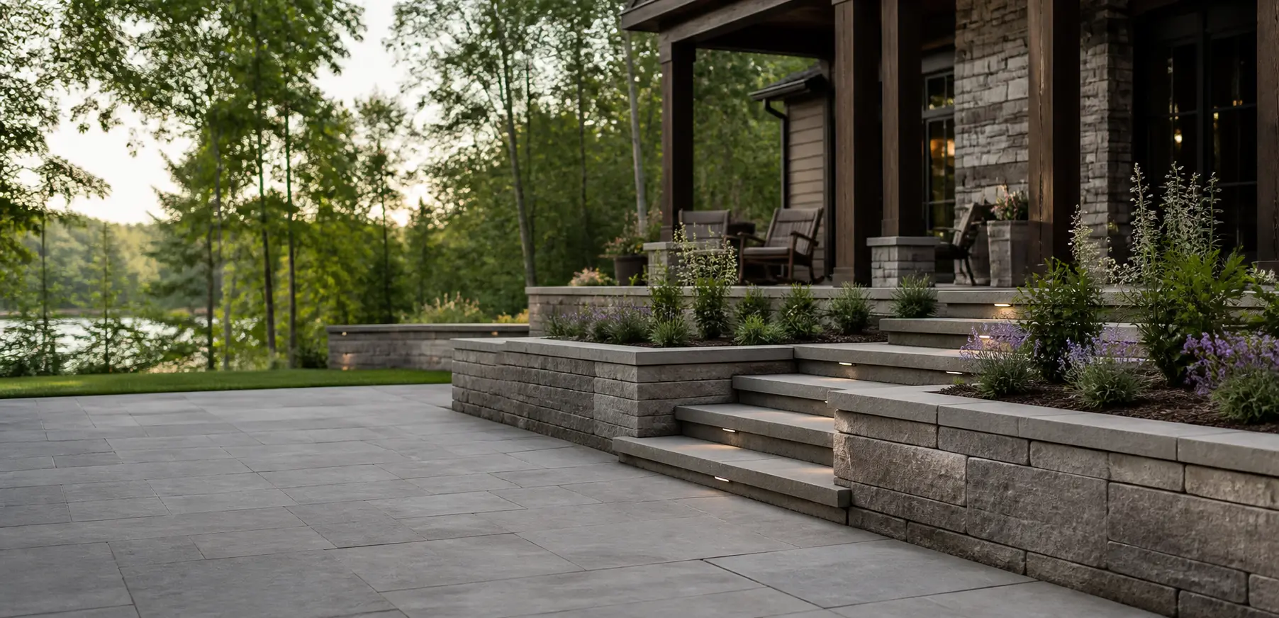 Conceptual outdoor living space with concrete pavers, stone steps, retaining walls and landscaped planting beds.