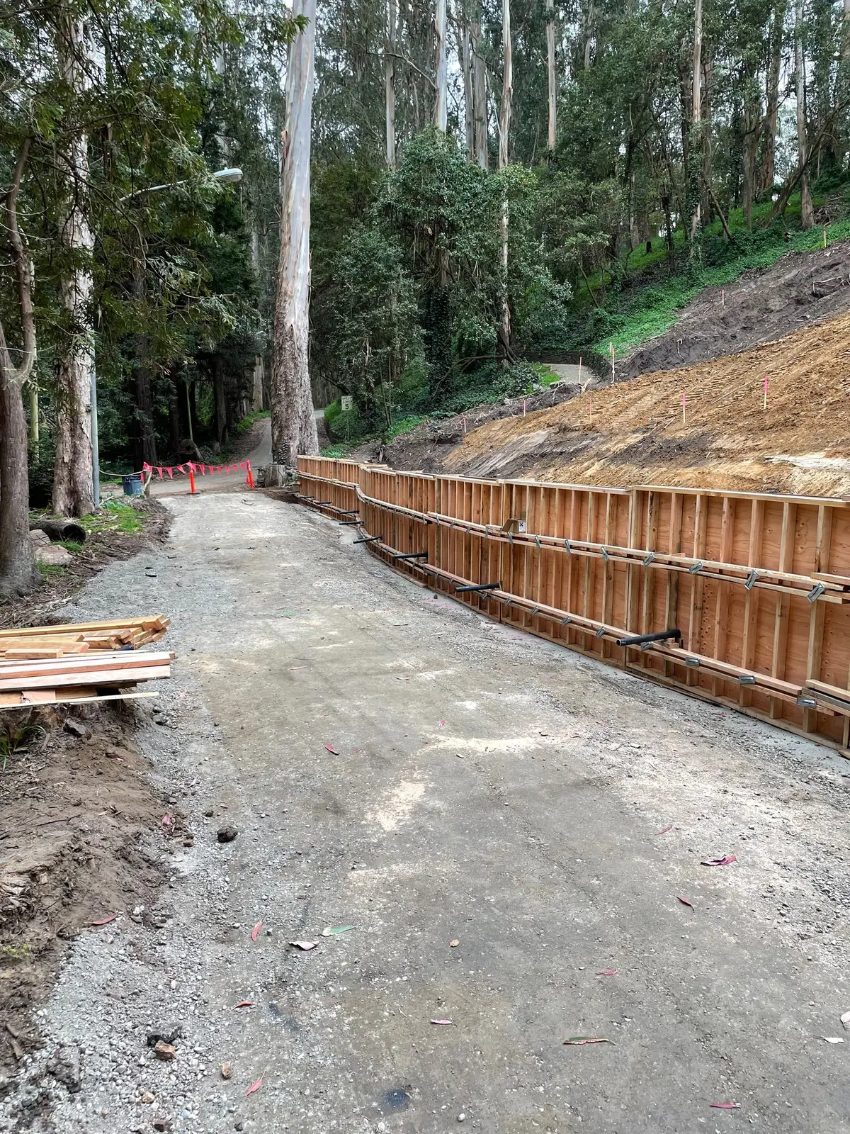 Wood formwork set for a concrete wall along a roadway cut through the trees.